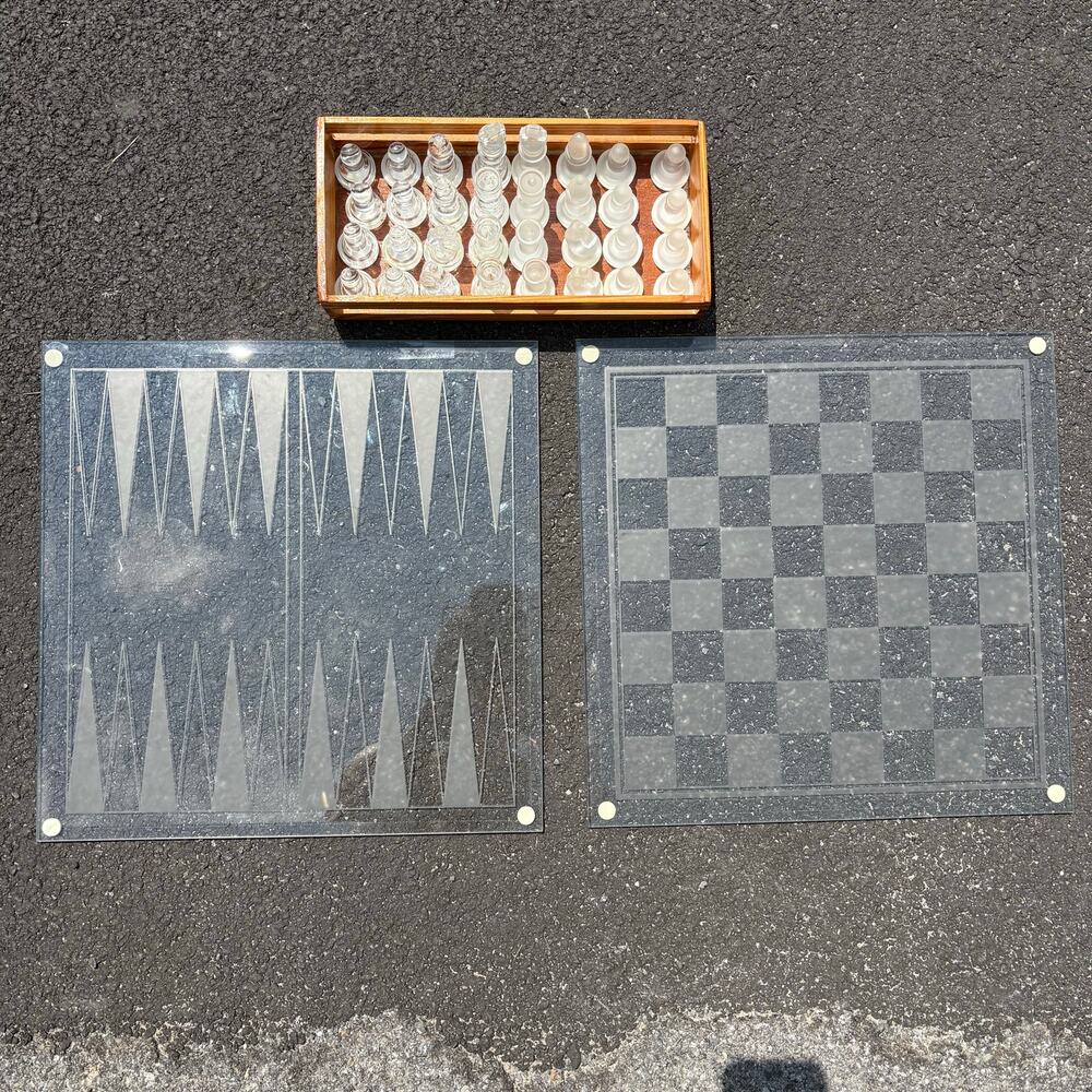 Vintage 3-in-1 glass game set featuring both chess and backgammon boards
